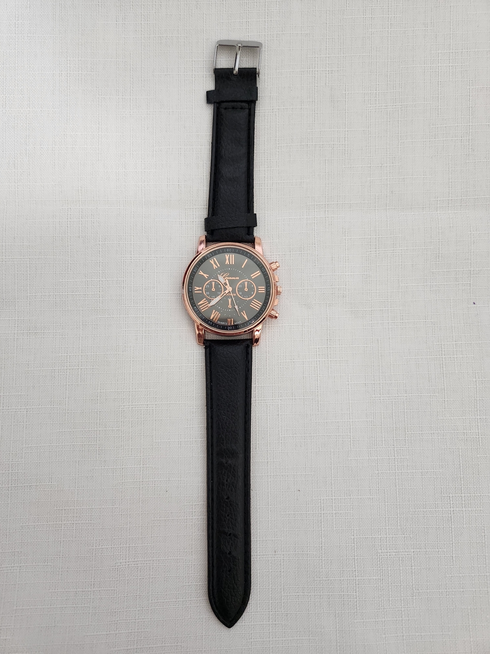 Geneva Black Leather Strap Watch with Rose Gold Case
